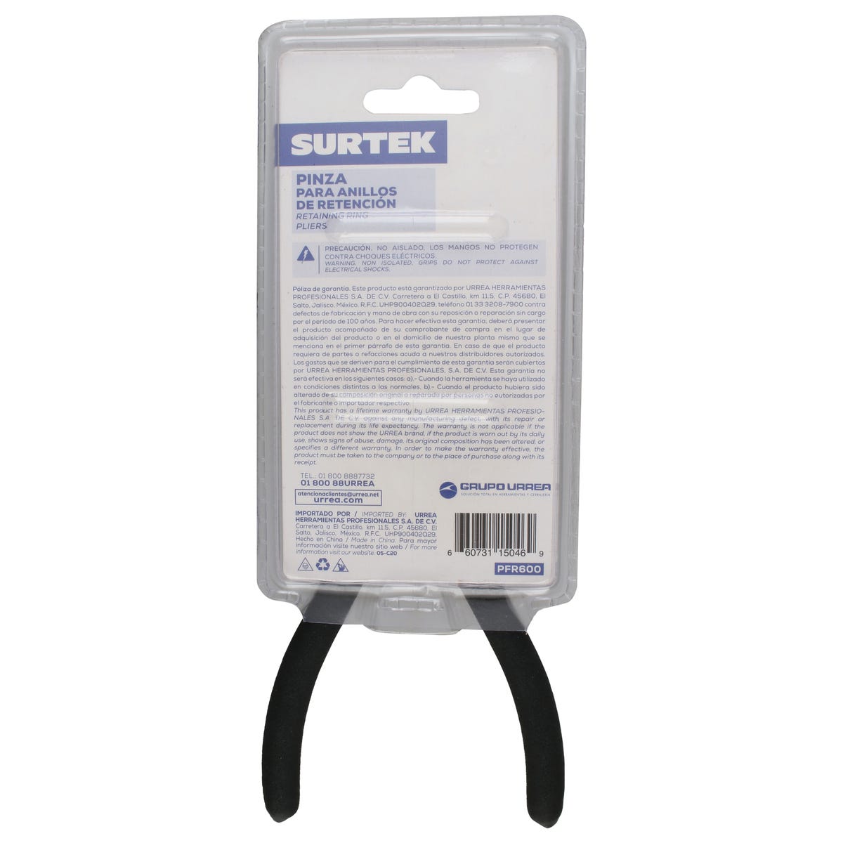 Pinza Para Anillos De Retención Con Doble Mango De Vinil Fijas Tipo Interno Ángulo De 0°, Surtek PFR600