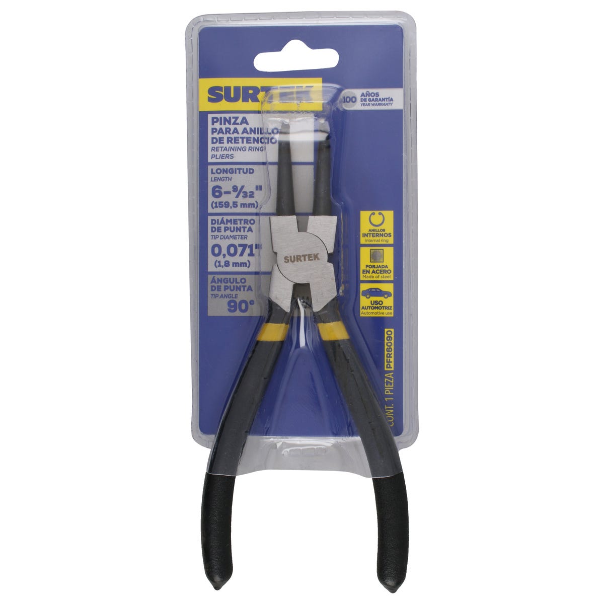 Pinza Para Anillos De Retención Con Doble Mango De Vinil Fijas Tipo Interno Ángulo De 90°, Surtek PFR6090