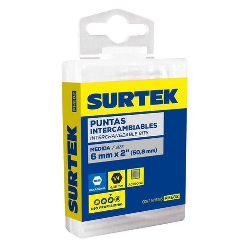 Punta Hexagonal De Poder Métrica Hexágono De 1/4, 8 mm x 2 5 Piezas, Surtek PHE82