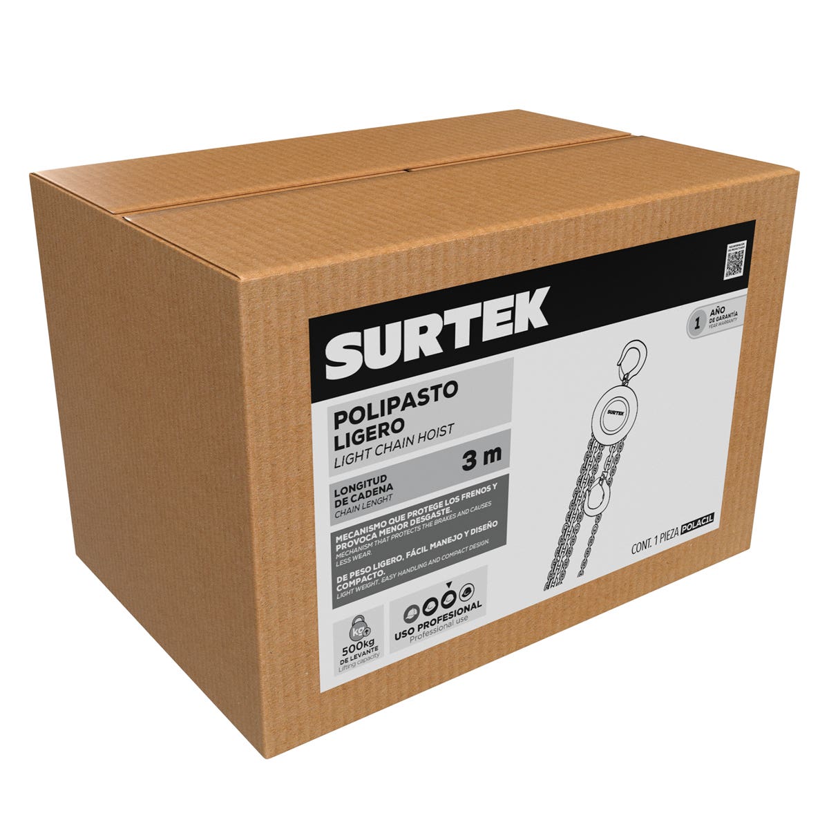 Polipasto Manual De Cadena 2.5 m, 1 Ramal, Surtek POLAC1L
