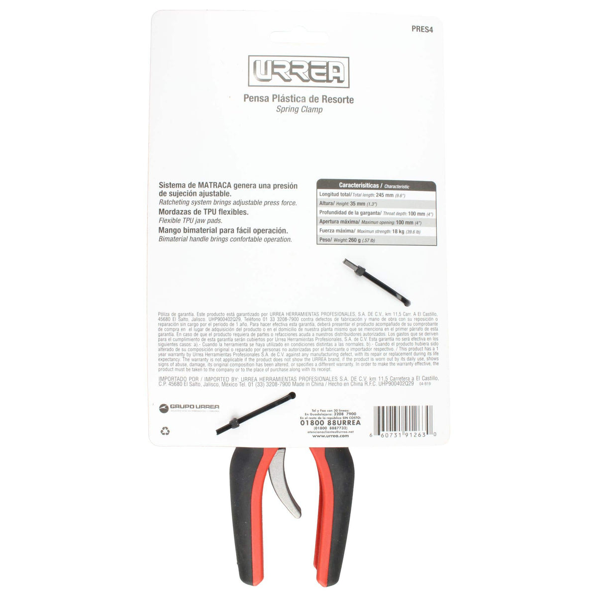 Prensa Plástica De Resorte Quick Release 4, Urrea PRES4