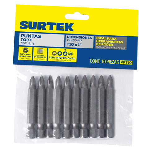 Punta Torx De Poder Hexágono De 1/4, T10 x 1 10 Piezas, Surtek PT10