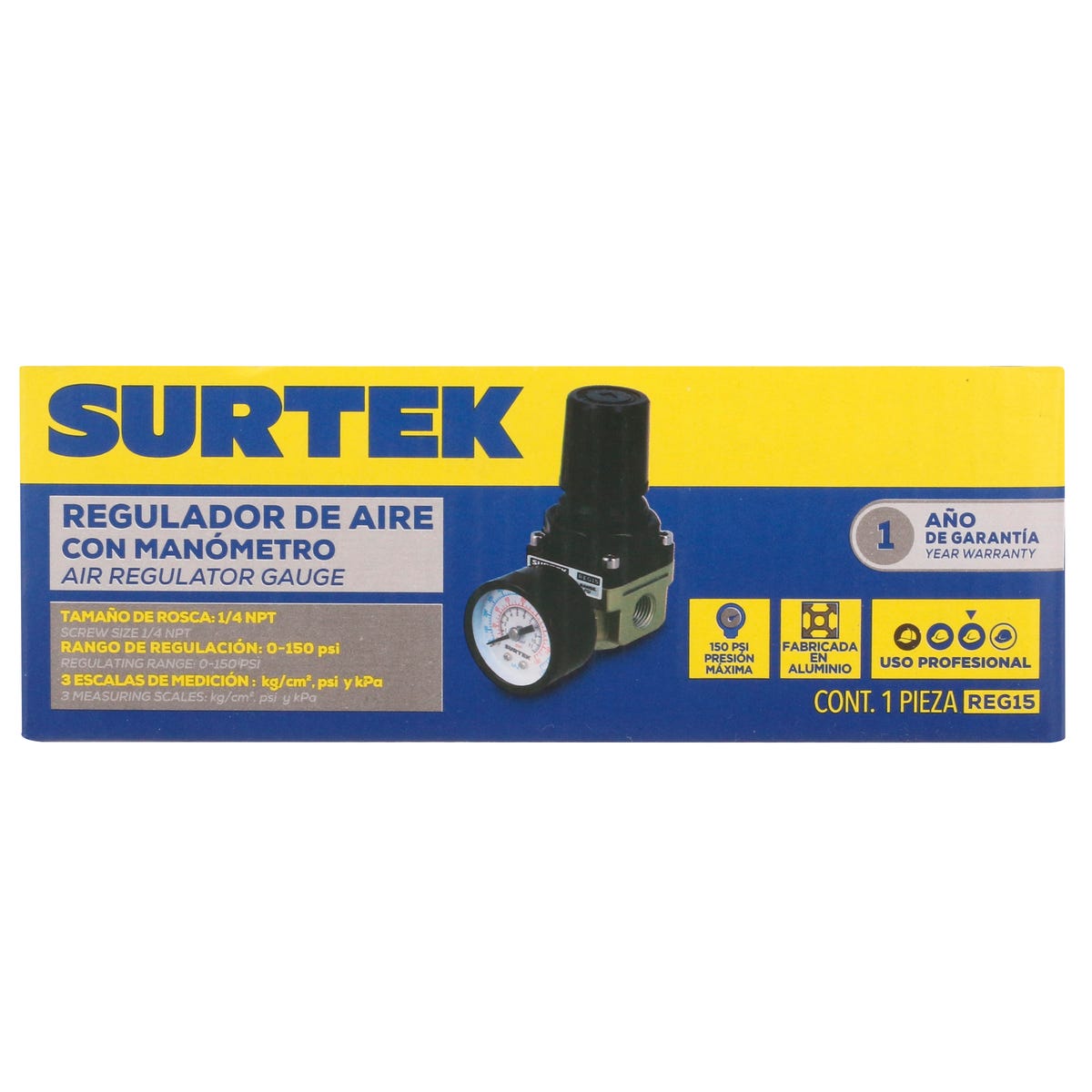 Regulador De Aire Con Manómetro 150 PSI, Surtek REG15