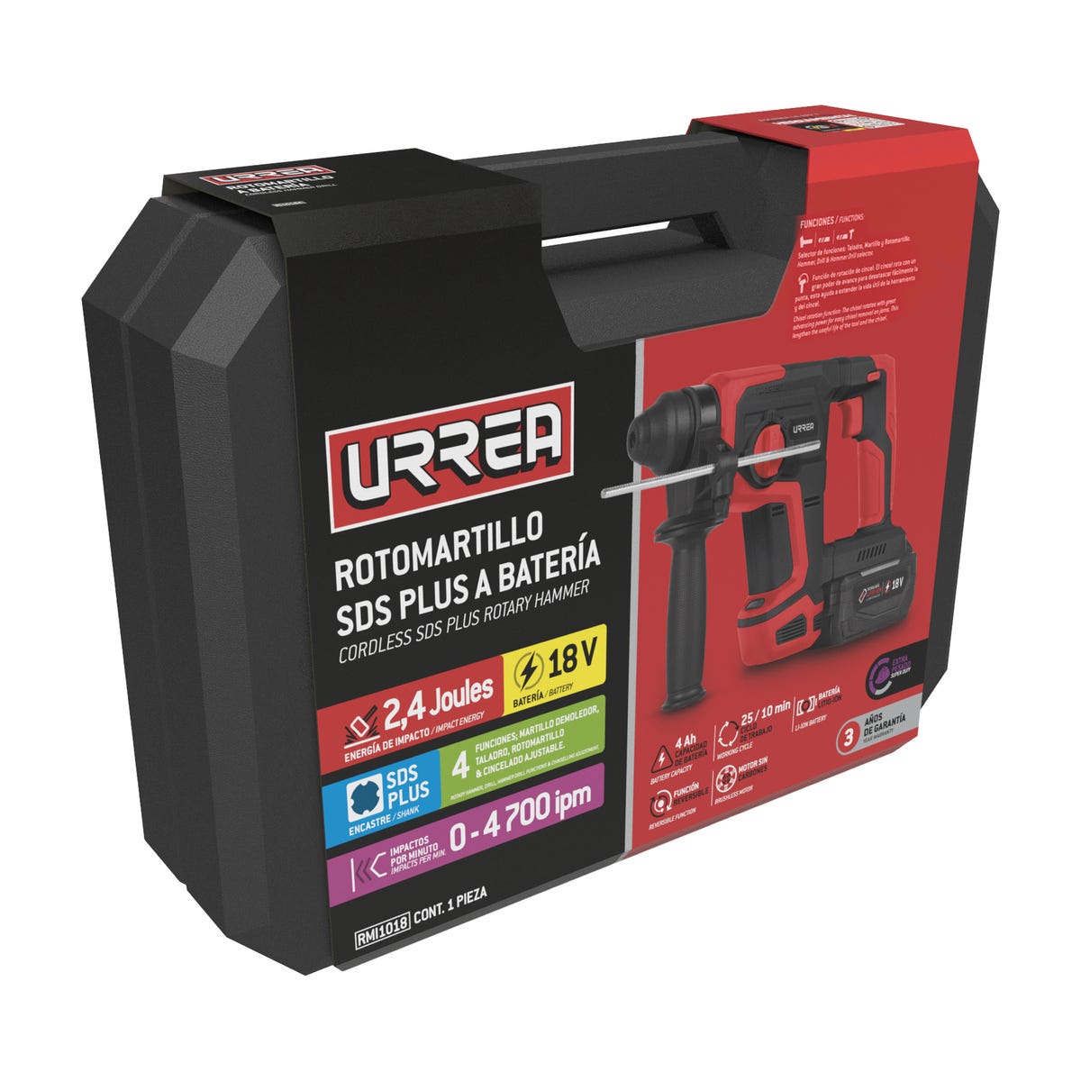 Rotomartillo De Impacto 1/2 SDS Plus A Batería Litio-Ion 18 V, Urrea RMI1018