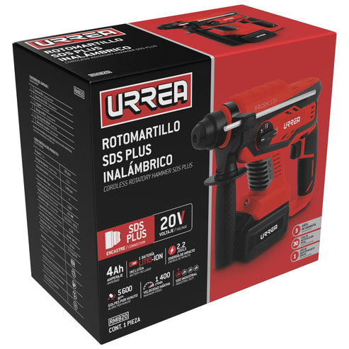 Rotomartillo SDS Plus 4 Ah A Batería Litio-Ion 20 V, 1400 RPM, Urrea RMI820