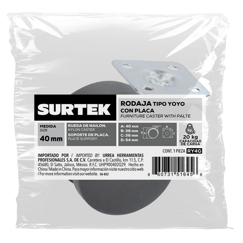 Rodaja Tipo Yoyo Con Placa 40 mm, Surtek RY4G