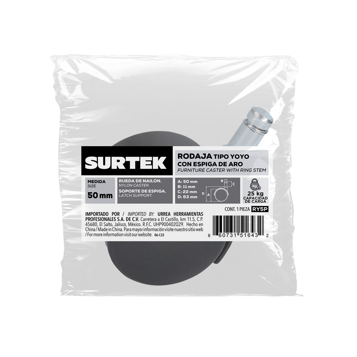Rodaja Tipo Yoyo Con Placa 50 mm, Surtek RY5G