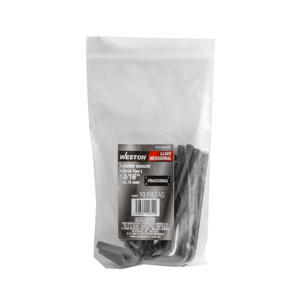 Llave Hexagonal L Corta Crv  3/16"  (precio X Pza - Empaque C/10 Pzas)