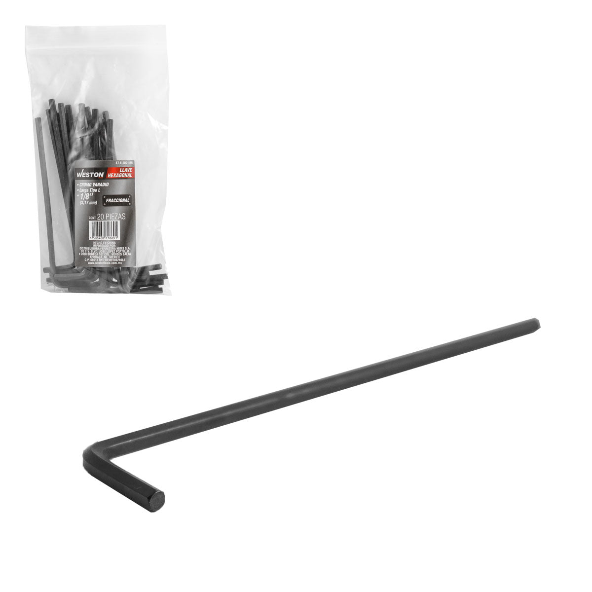 Llave Hex, L Larga 1/8" (precio X Pza - Empaque C/20 Pzas)