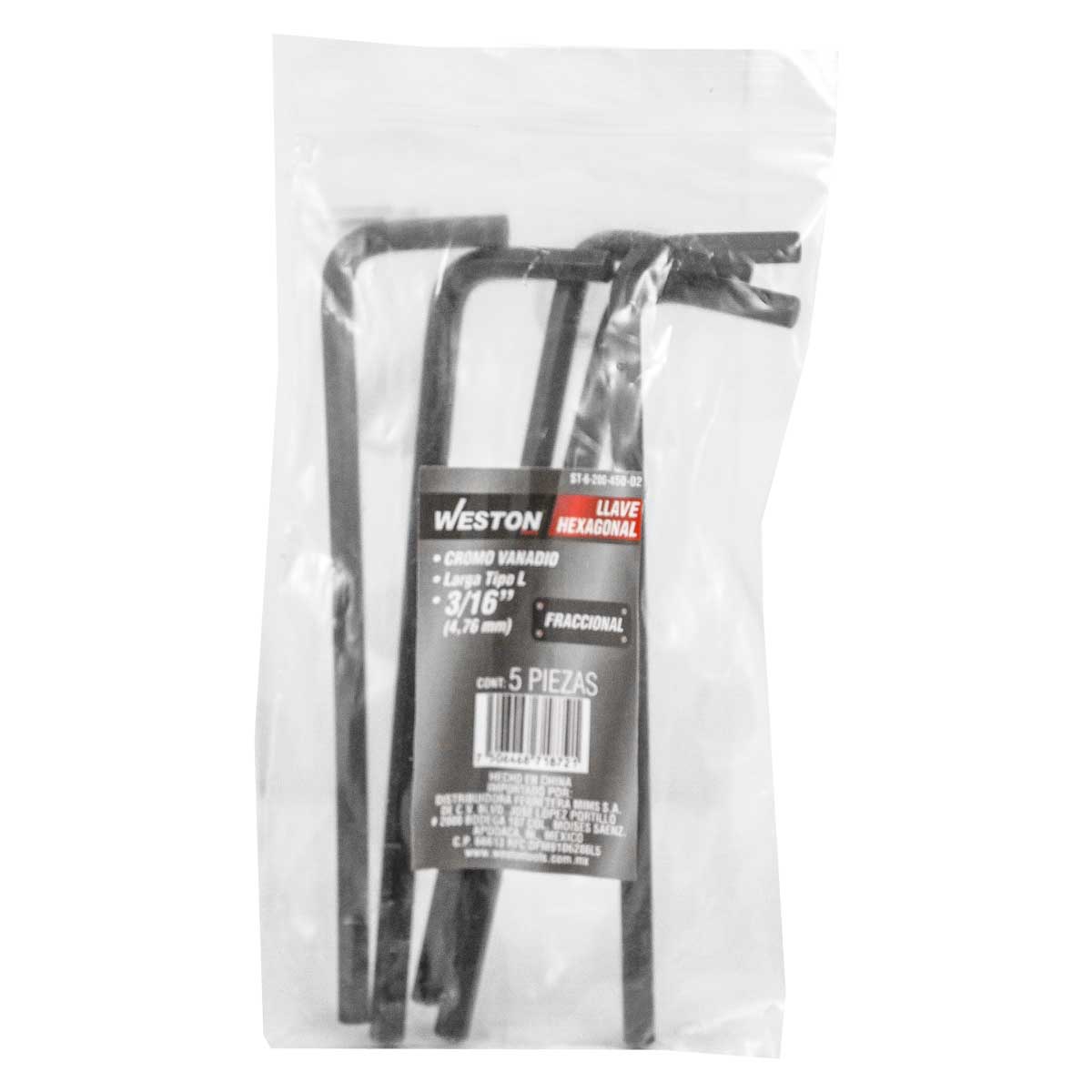 Llave Hex, L Larga 3/16'' (precio X Pza - Empaque C/5 Pzas)