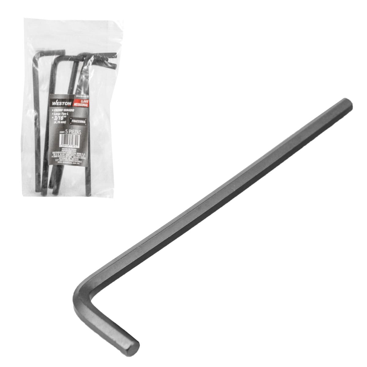 Llave Hex, L Larga 3/16'' (precio X Pza - Empaque C/5 Pzas)