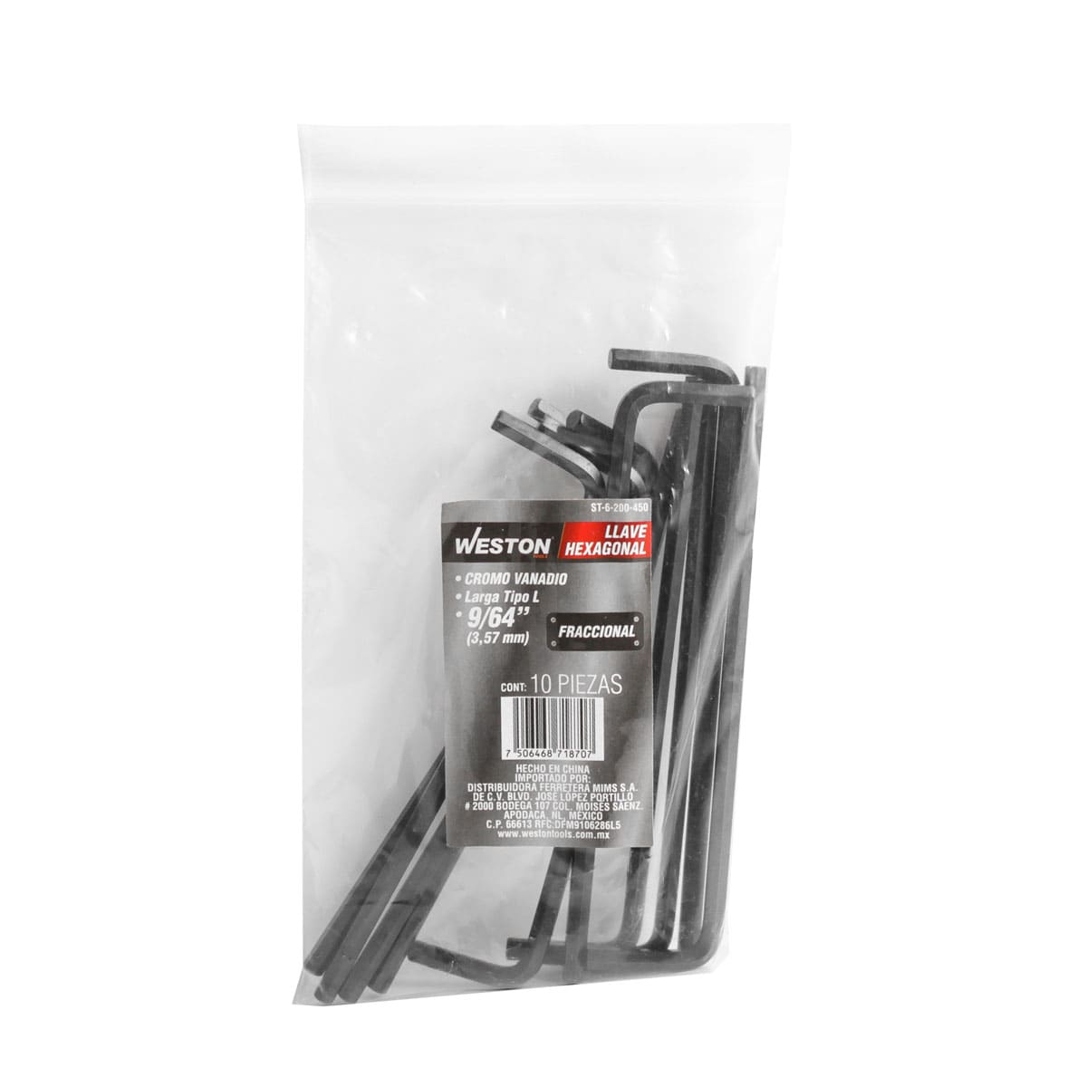 Llave Hex, L Larga 9/64" (precio X Pza - Empaque C/10 Pzas)
