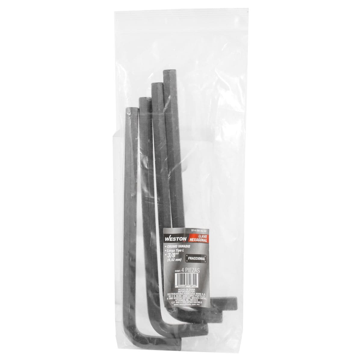 Llave Hex, L Larga 3/8'' (precio X Pza - Empaque C/4 Pzas)