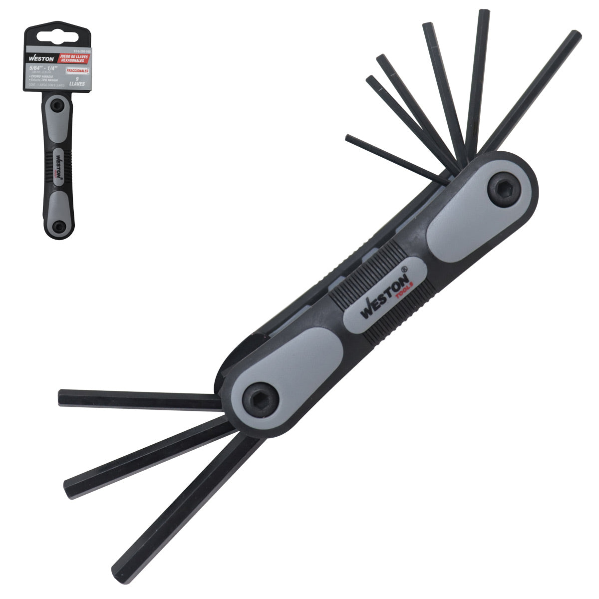Juego 9 Llaves Navaja 5/64"-1/4" Hex Crv  (precio X Pza - Empaque C/1 Pza)
