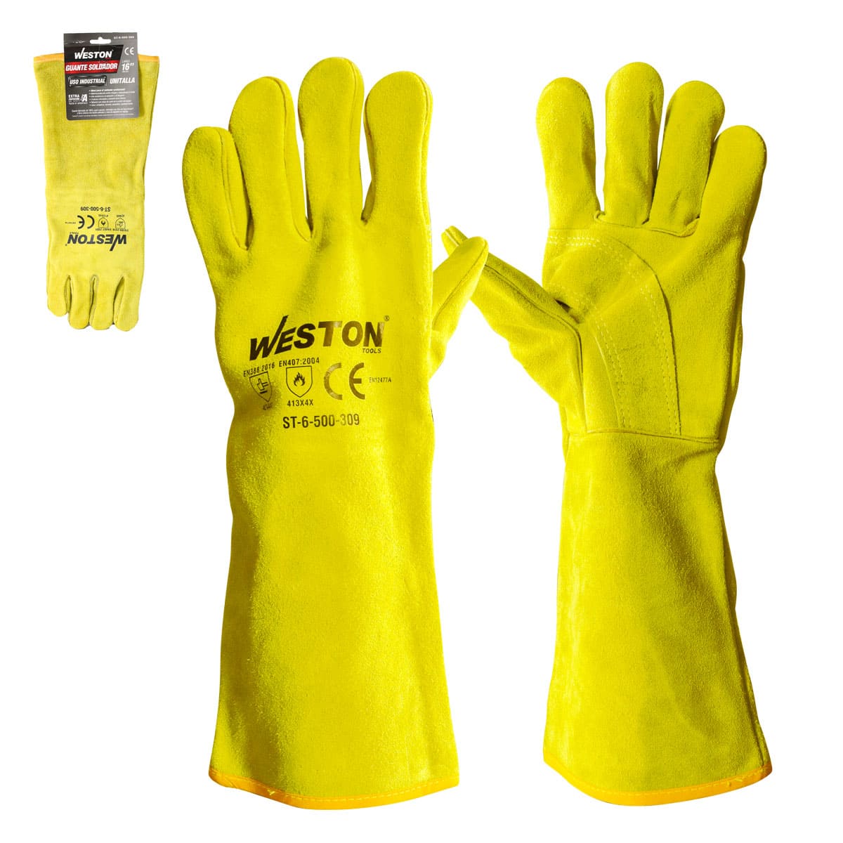 Guante Soldador Amarillo Con Ref. En Palma, Uso Industrial Tipo A 16" | ST-6-500-309