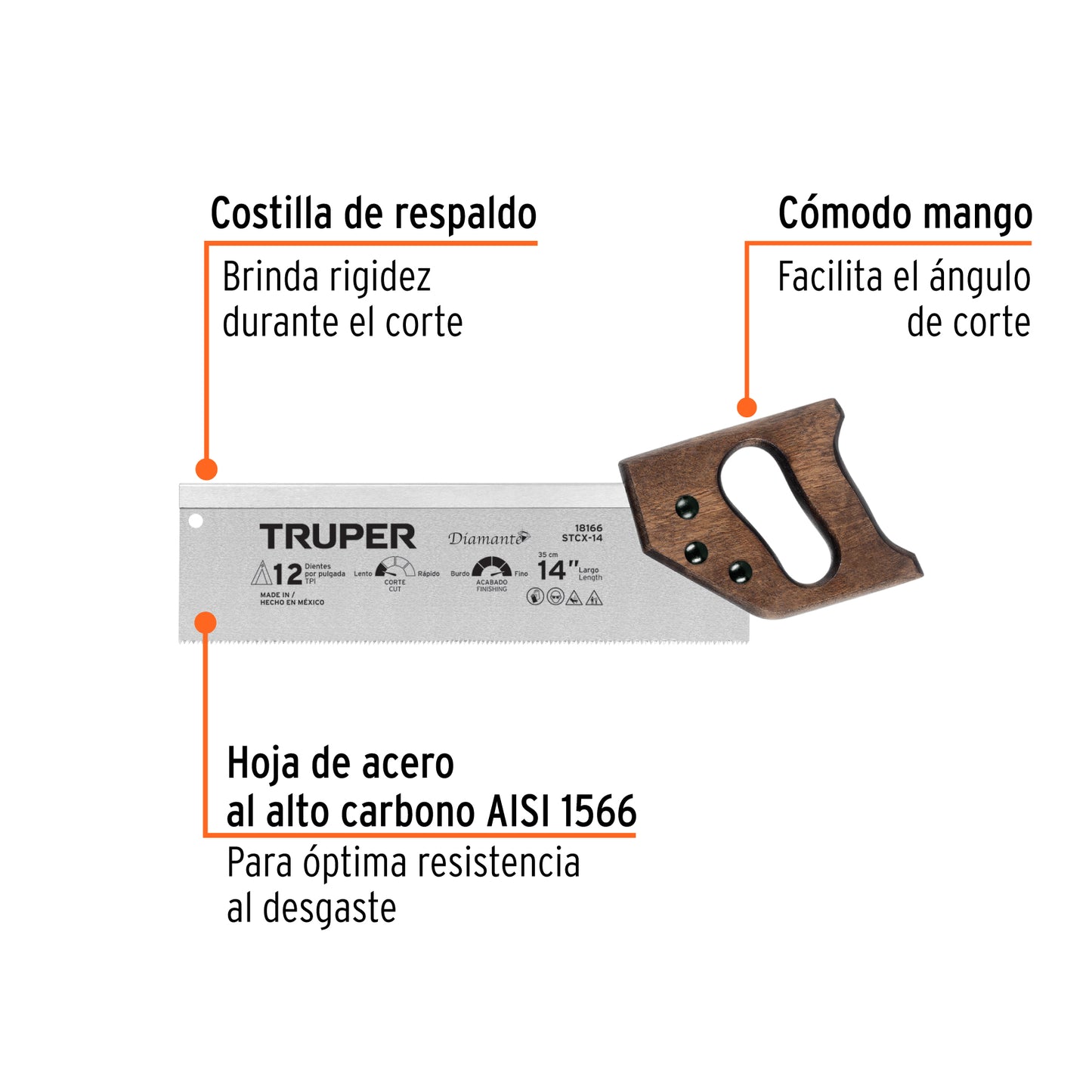 18166 STCX-14 Serrucho de costilla 14" diamante, 12 dpp, truper