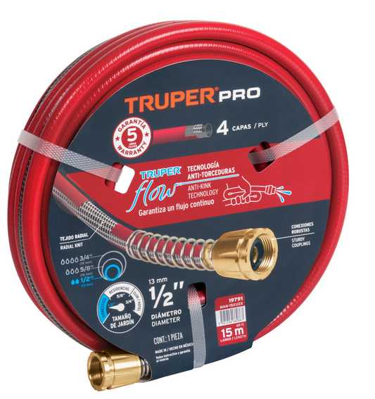 Manguera Truper MAN-15X1/2 super reforzada 4 capas 15 m conexiones metal