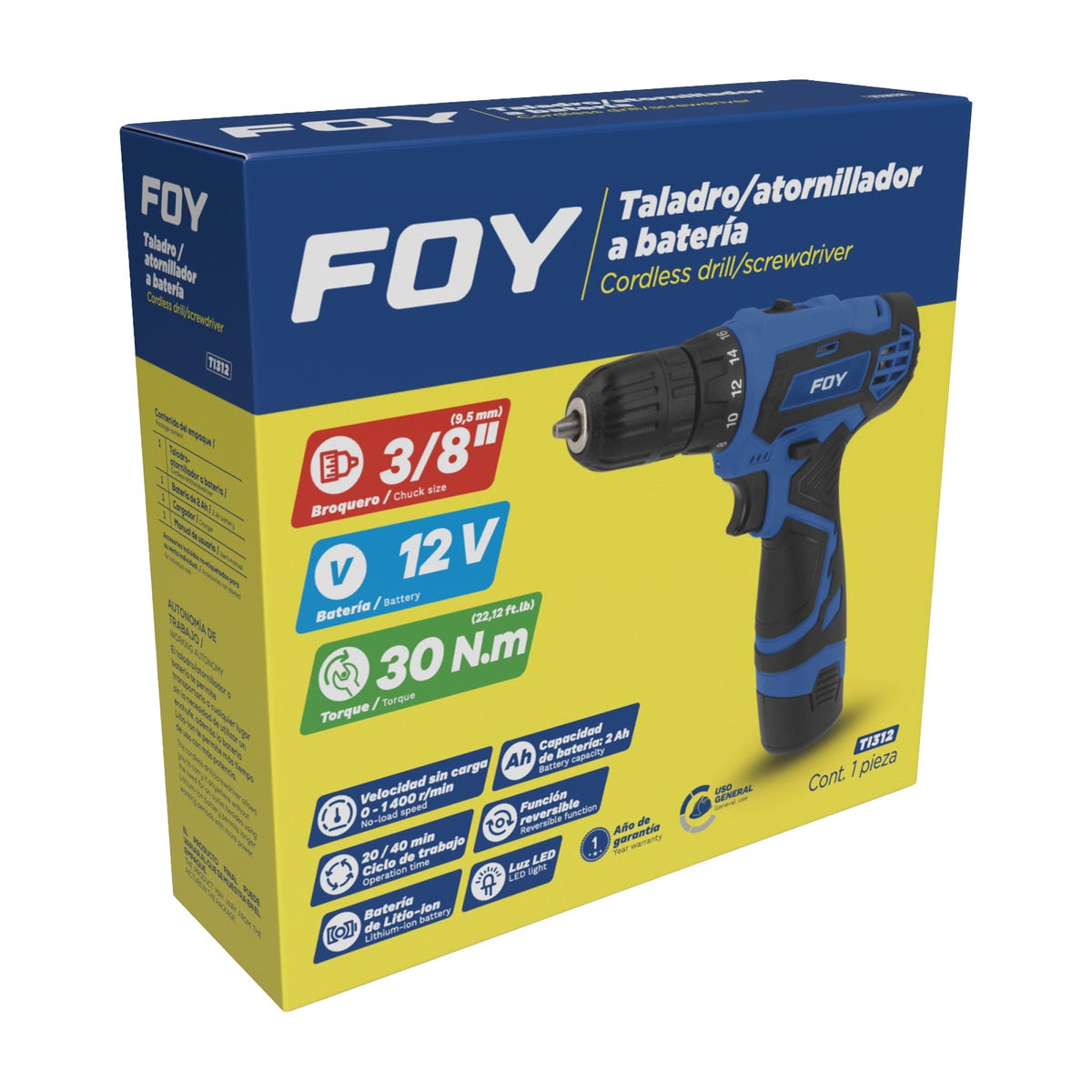 Taladro/atornillador 3/8 Batería De Litio-Ion 12 V, 30 Nm, Foy TI312