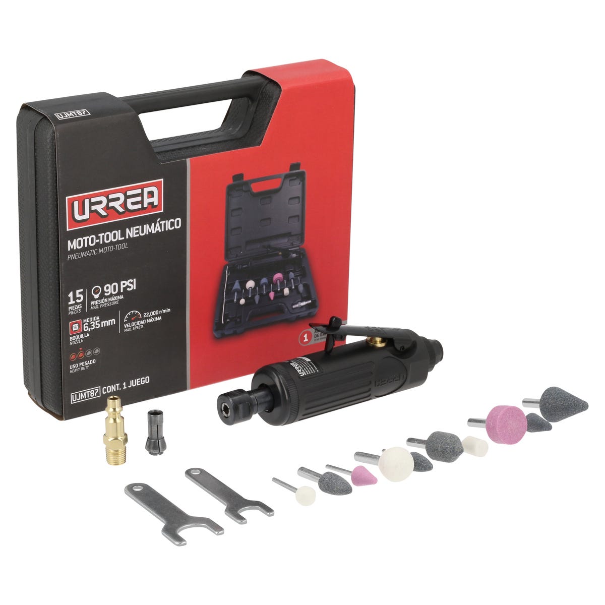 Juego De Moto-Tool Neumático Recto Con Accesorios, 15 Piezas, Urrea UJMT87