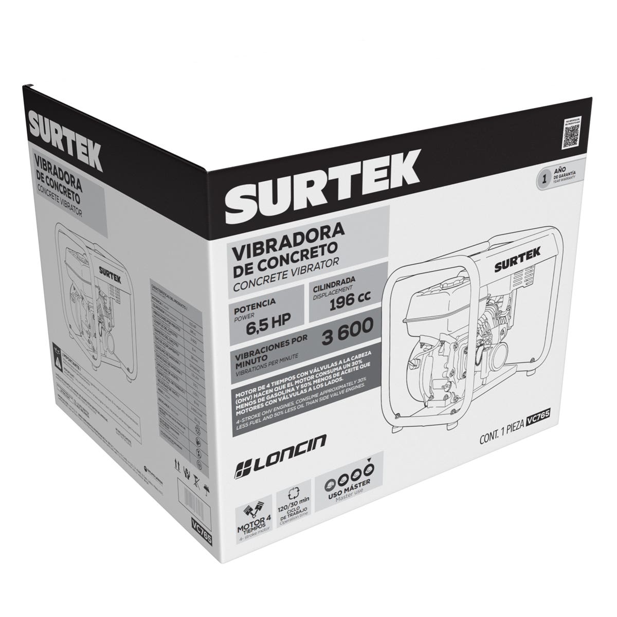 Vibradora De Concreto A Gasolina Con Motor De 4 Tiempos, 6.5 HP, Surtek VC765