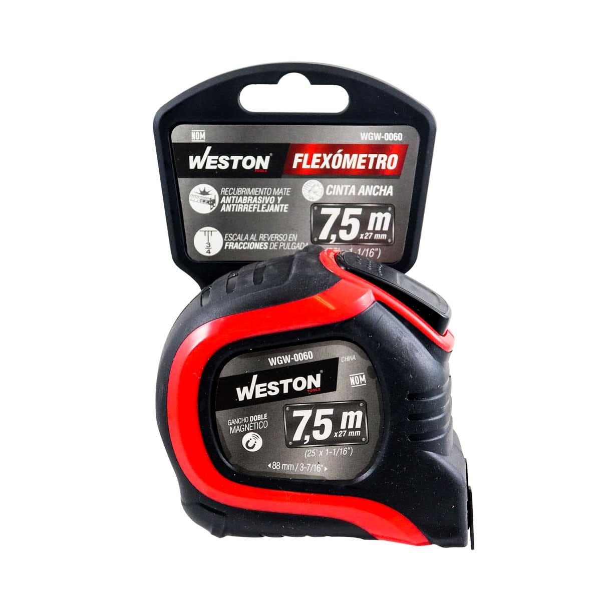 Flexómetro Cinta Ancha 7.5 m x 27 mm con Gancho Doble Magnético | WGW-0060