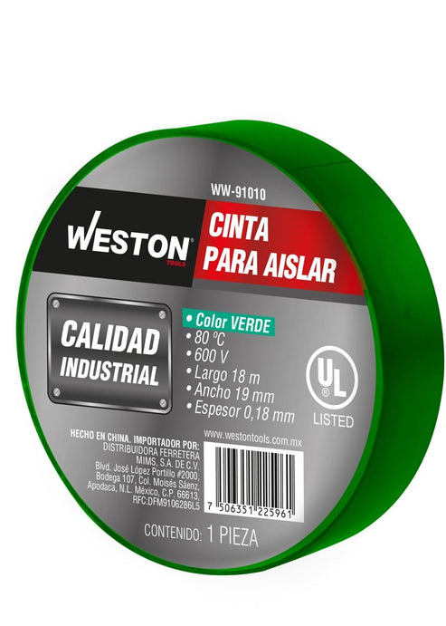 PARA AISLAR 18 m X 19 mm COLOR VERDE (Precio x pieza - Empaque c/10 PIEZAS) WW-91010