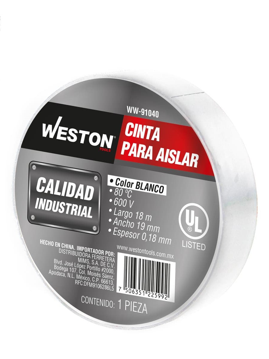 CINTA PARA AISLAR 18 m X 19 mm COLOR BLANCO (10 PIEZAS) WW-91040