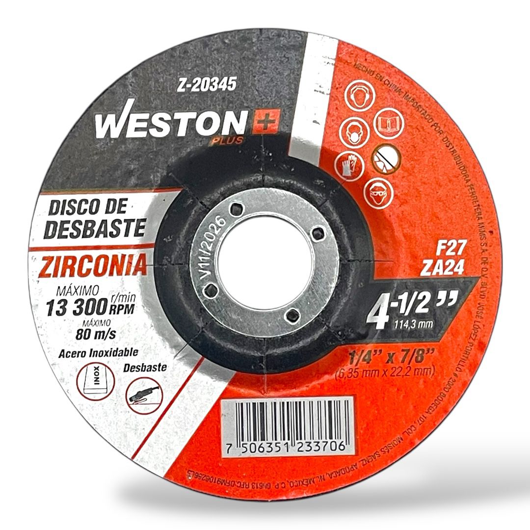 Disco de Desbaste para Inoxidable de Zirconio 4-1/2" x 1/4" x 7/8" F27  Z-20345