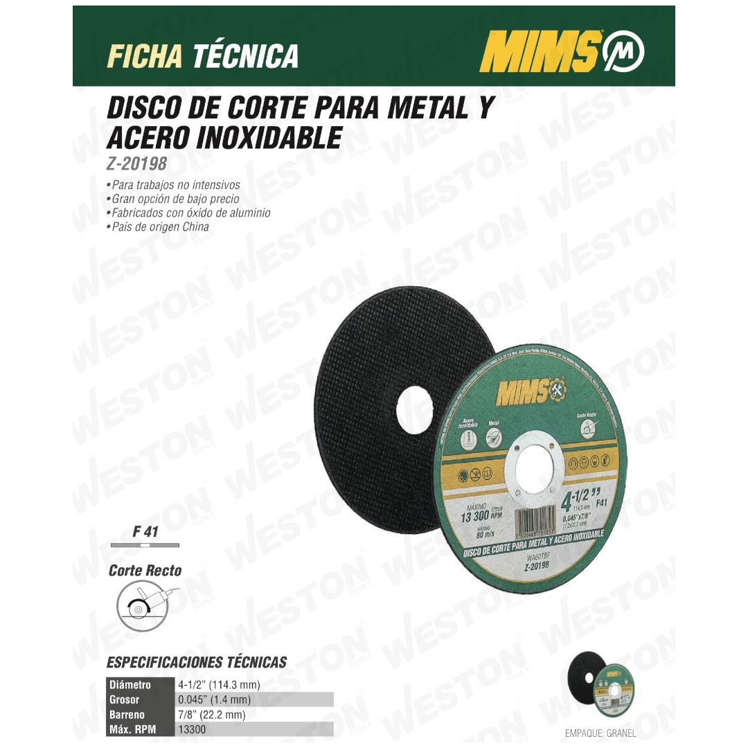 Disco De Corte 4 1/2 Para Metal Y Acero Inox Z-20198