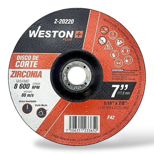 WST-Z-20220 Disco De Corte Para Inoxidable de Zircornio 7" x 1/16"(1.58) x 7/8" F42