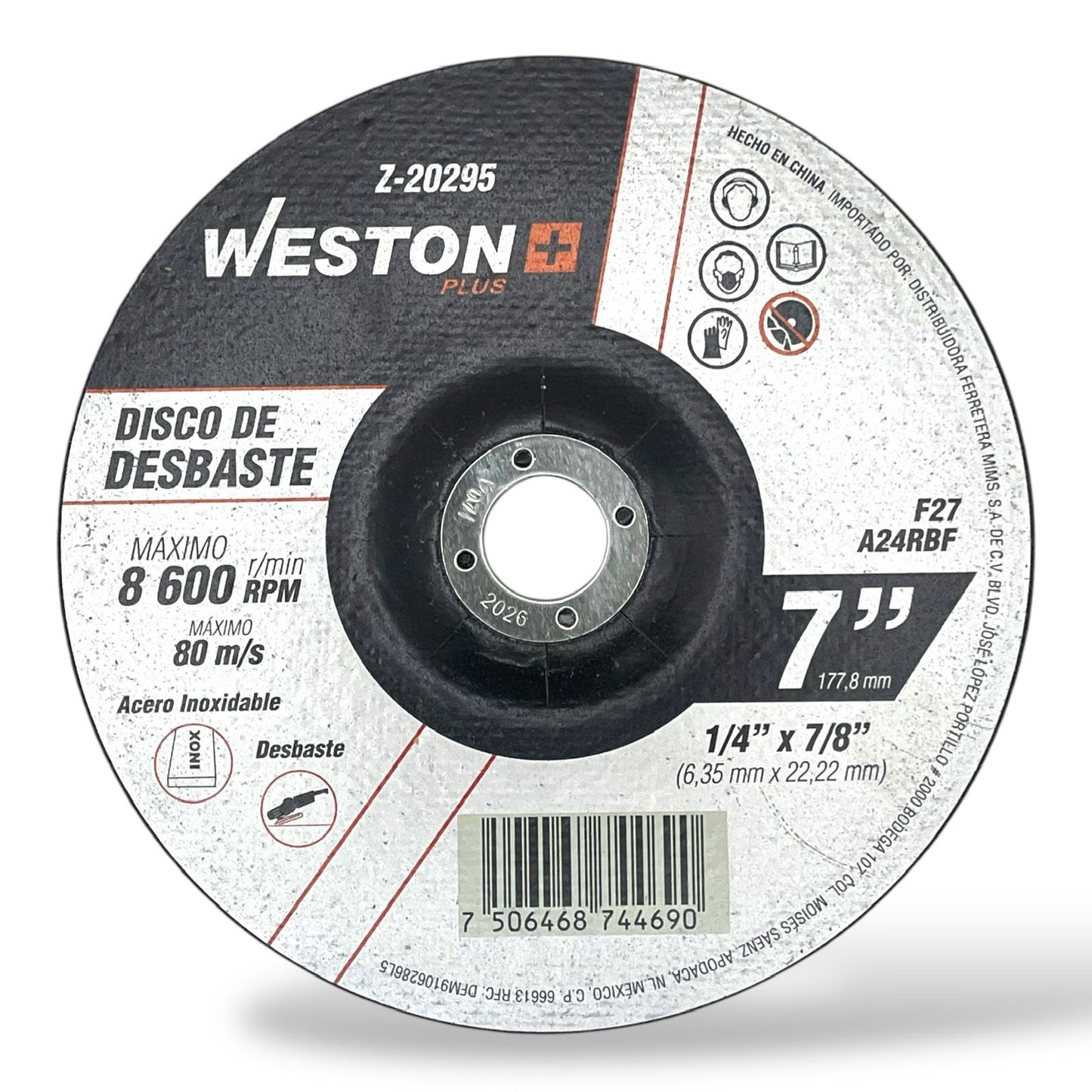 WST-Z-20295 Disco De Desabaste Para Acero Inoxidable 7" x 1/4"(6.35) x 7/8" F27