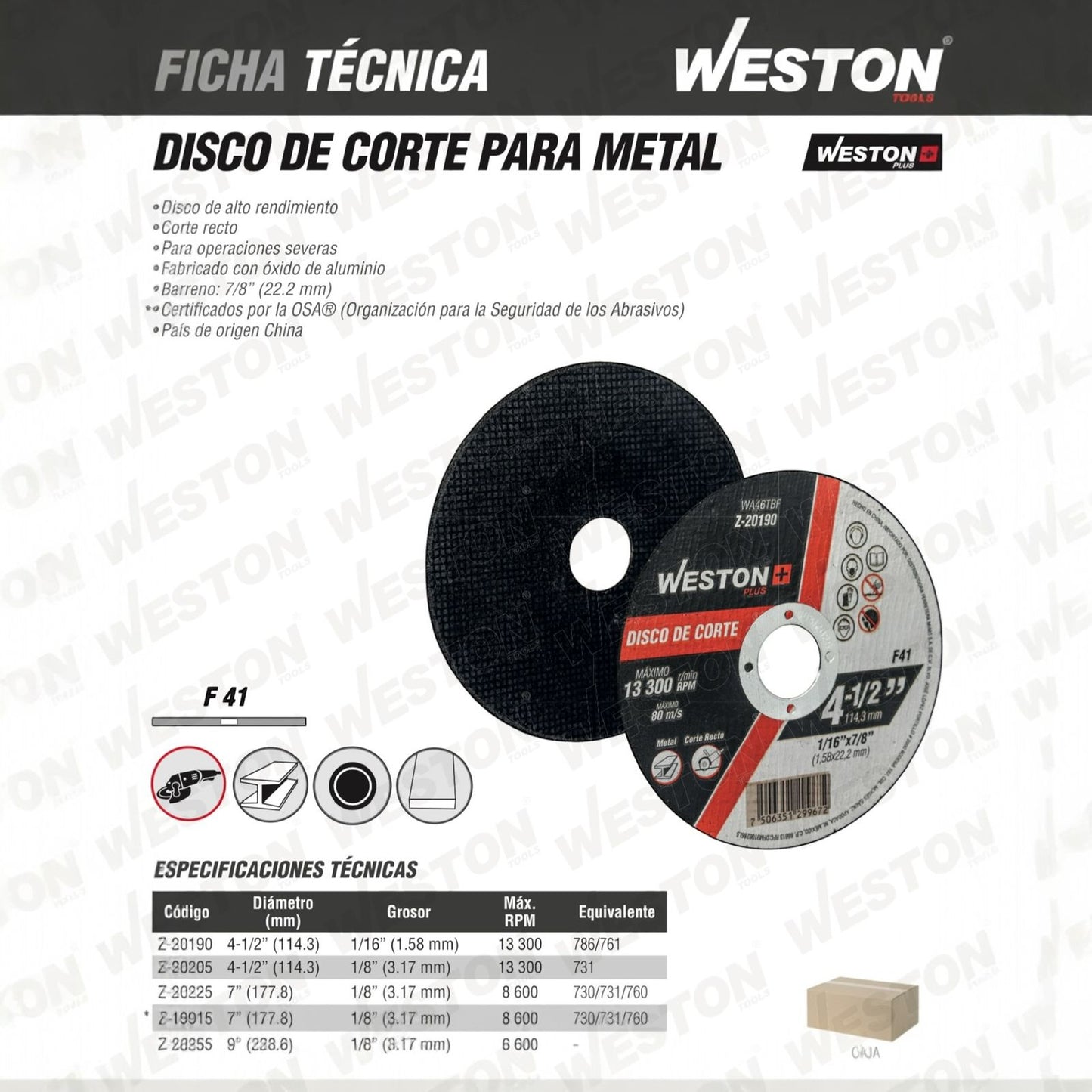 WST-Z-20190 Disco de Corte para Metal 4-1/2" x 1/16"(1.58) x 7/8" F41