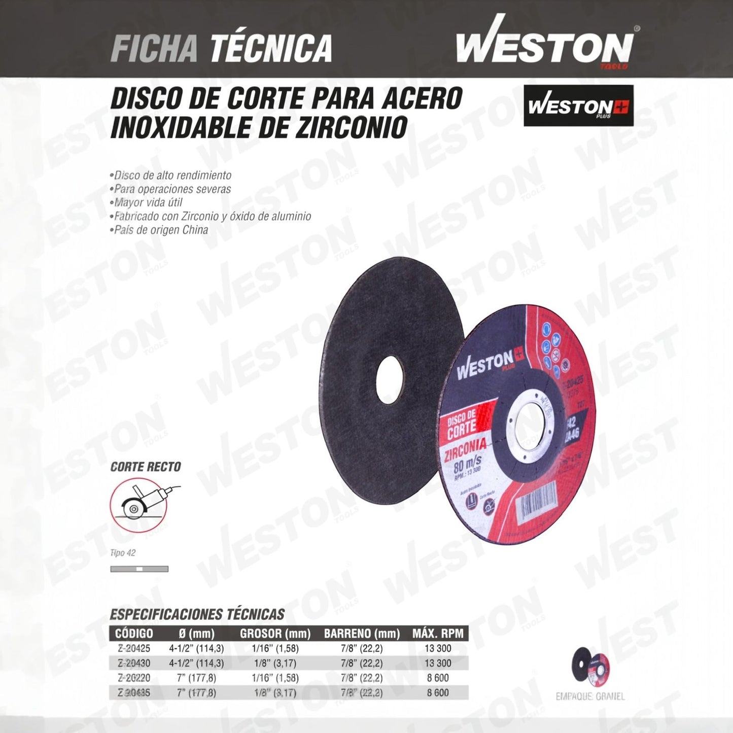 WST-Z-20220 Disco De Corte Para Inoxidable de Zircornio 7" x 1/16"(1.58) x 7/8" F42