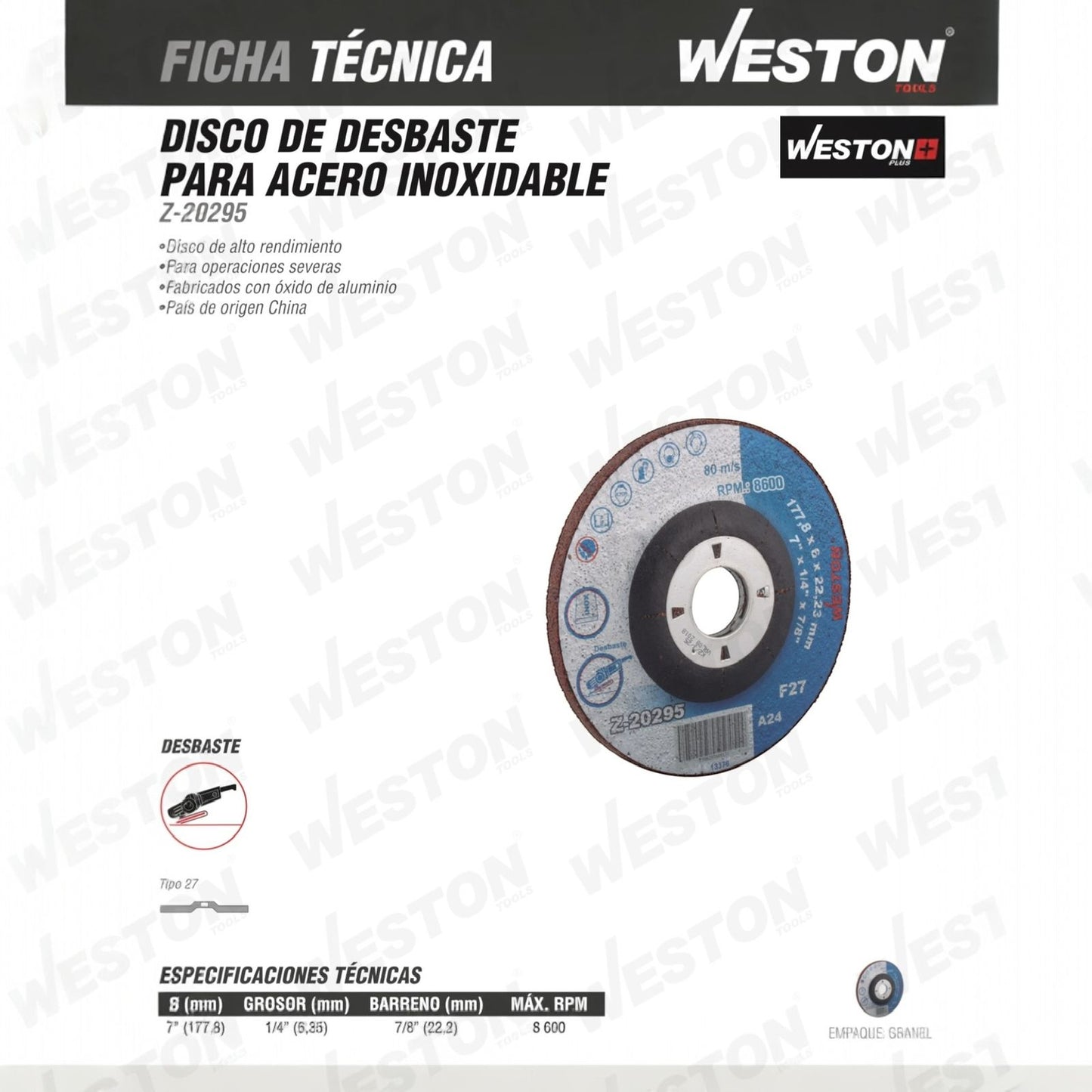 WST-Z-20295 Disco De Desabaste Para Acero Inoxidable 7" x 1/4"(6.35) x 7/8" F27