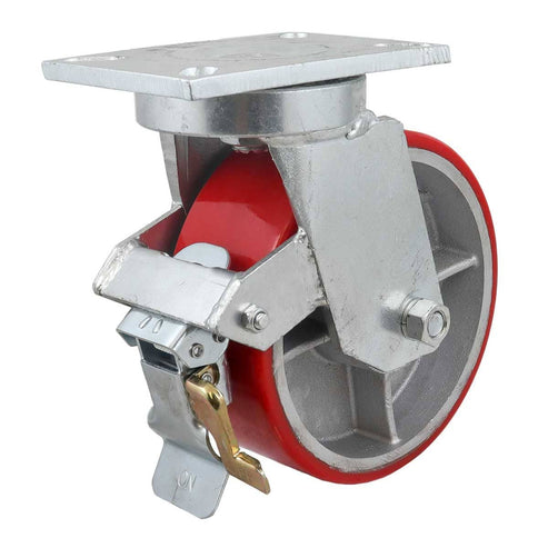 Rodaja Fierro Vaciado con PU Roja Giratoria con Freno 8" X 3" (203*75MM) | Y-1003-200
