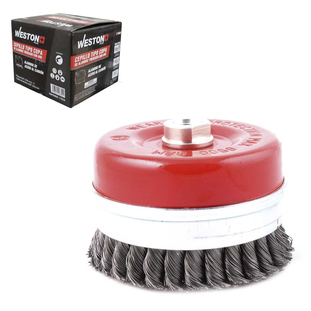 Cepillo Tipo Copa Trenzada con Aro 4" Entrada 5/8-11 Acero Al Carbón .014"
