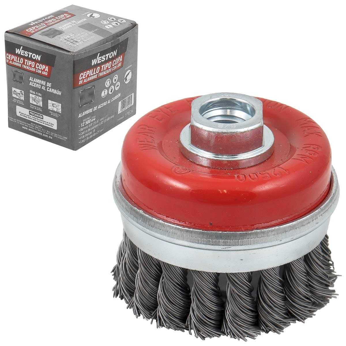 Cepillo Tipo Copa Trenzada con Aro 3" Entrada 5/8"-11 Acero Al Carbón .020"
