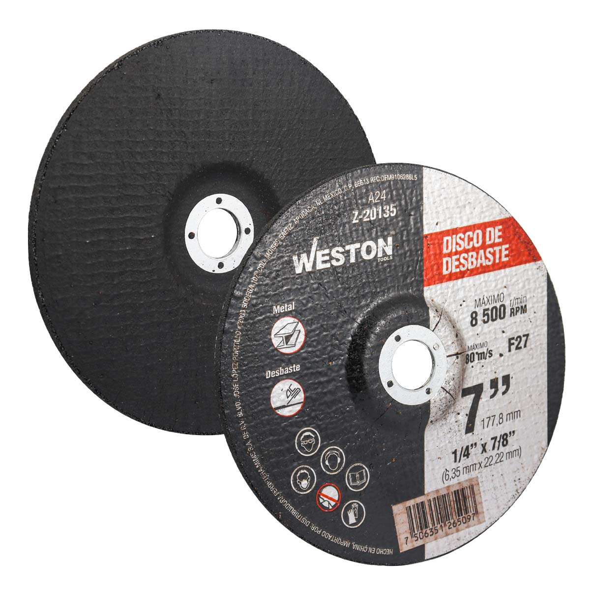 DISCO D/DESBASTE P/METAL 7" x 1/4"(6.35) x 7/8" F27 (Emp. c/5 Pzas - Precio x Pza) Z-20135