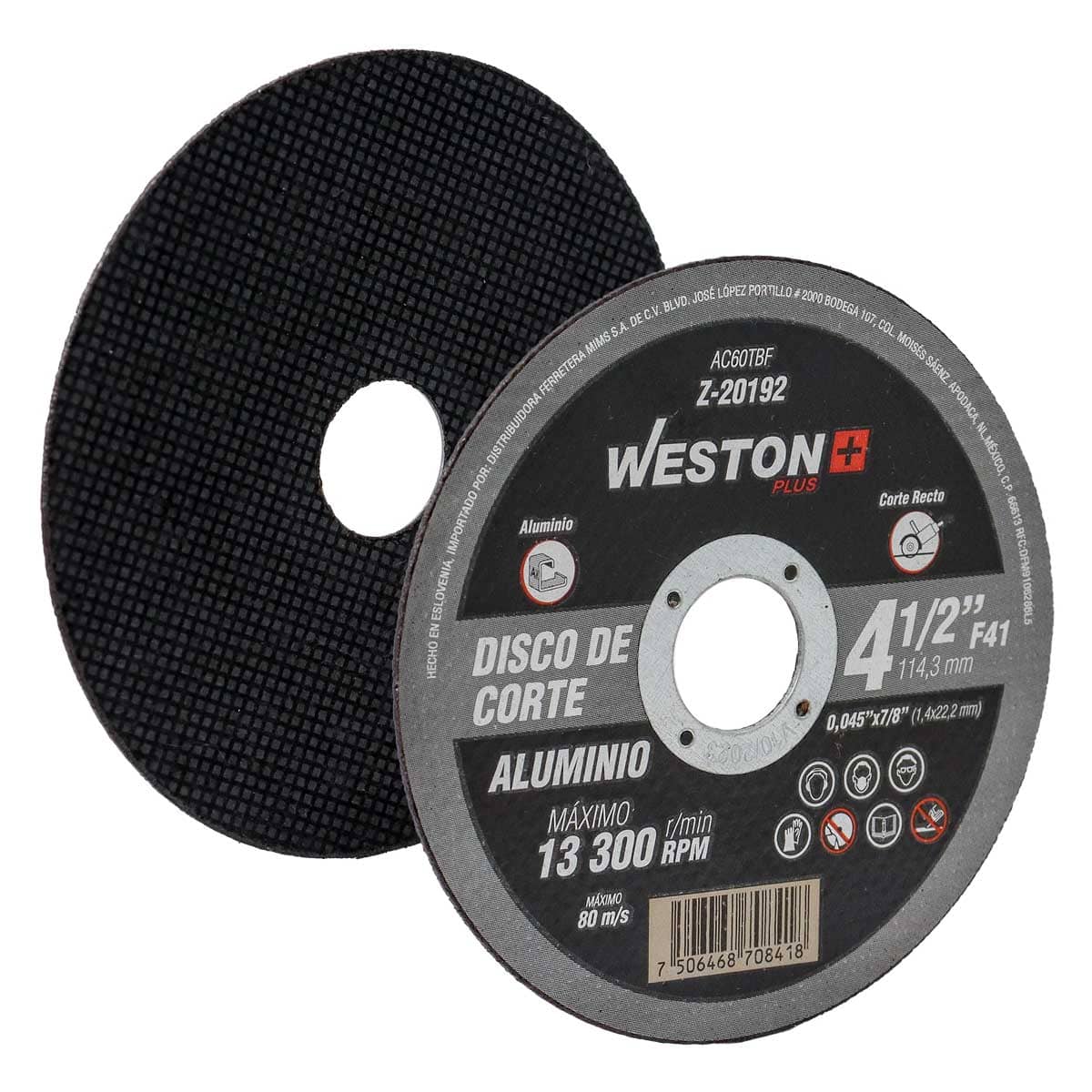 DISCO D/CORTE P/ALUMINIO 4-1/2" x 0.045"(1.14) x 7/8" F41 (Emp. c/10 Pzas - Precio x Pza) Z-20192