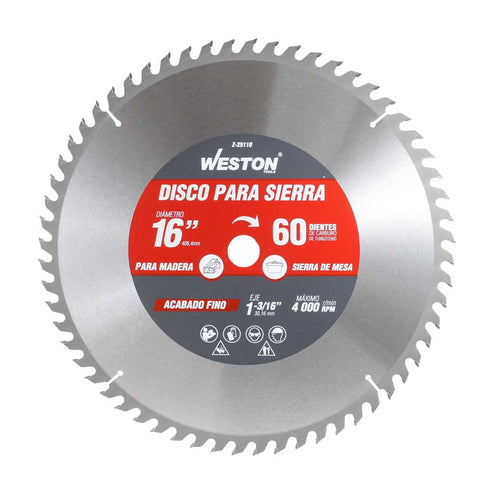 Disco Para Sierra Circular 16'' x 1-3/16'' (Buje 25mm & 1")